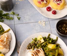 Menu: Salada de batata, feijão-verde e ervilhas com bacalhau e Clafoutis de frutos vermelhos