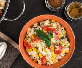 Cuscús de coliflor y verduras crudivegano