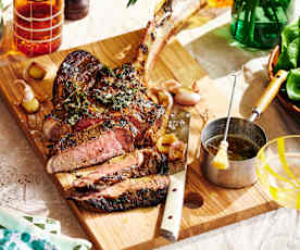 Tomahawk steak with porcini mustard rub