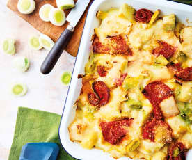 Gratin poireau-pomme de terre au chorizo et parmesan