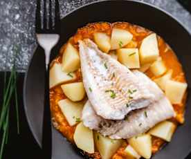 Pesce e patate con salsa al pomodoro