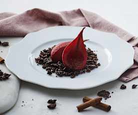 Pere al vino rosso con crumble al cacao