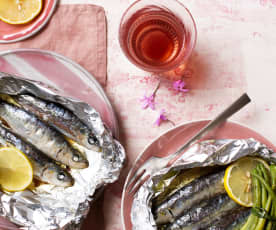 Menú: Manojos de judías verdes. Sardinas en papillote