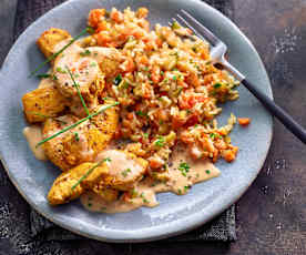 Hähnchen mit Zucchini-Möhren-Reis