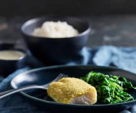 Cabillaud en croûte d'herbes sur lit d'épinards, crème citron