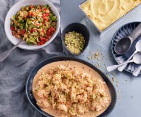 Chicken Strips with Tomato Mascarpone Sauce and Broccoli Salad; Fruit Sorbet