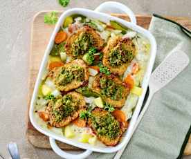 Frühlingsgemüse-Minutensteak-Gratin