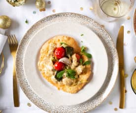 Papadams con verduras confitadas y salsa de yogur al curry