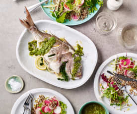 Steamed whole fish with quinoa salad and salsa verde