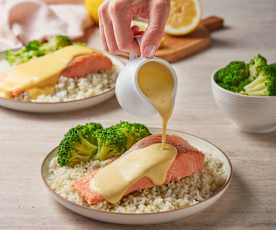 Salmon with Lemon Hollandaise, Broccoli and Rice