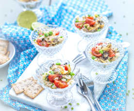 Verrine de coques, blé et petits pois