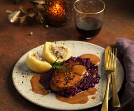 Vegane Entenbrust mit Maroniknödeln und Apfelrotkraut (vegan)