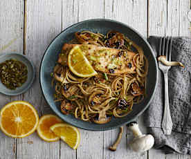 Spaghetti integrali con salmone all'arancia e funghi