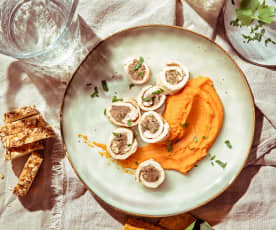 Roulés de dinde farcis aux marrons, purée potimarron-patate douce