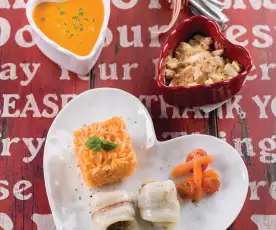 Creme de legumes, Filetes com arroz de tomate e abóbora e Crumble de maçã e pera