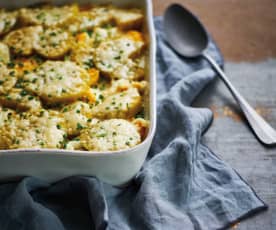 Gratinado de peixe com feijão-verde e couve-flor