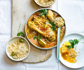 Tajine de pilons de poulet, semoule aux olives