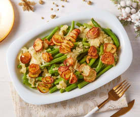 Garlicky Green Beans with Crispy Potato Spirals