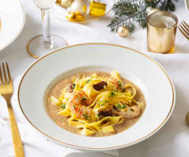 Pappardelle con langostinos y boletus salteados en salsa de foie