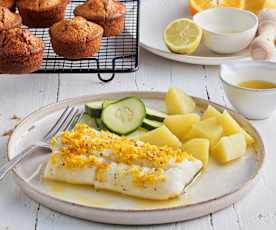 Menü: Kabeljau mit Zitrusbutter und Kartoffeln und Schokoladen-Muffins