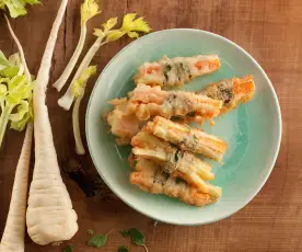 Tempura de coco e legumes da primavera