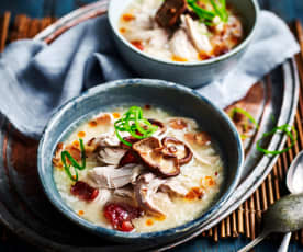 Easy chicken congee with Chinese sausage and mushrooms