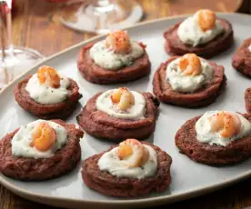 Gluten-free Beetroot Blinis with Horseradish Cream and Crayfish