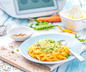 Mousseline de carotte à l'orange, purée de petits pois chèvre et coriandre