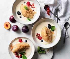 Plum filled potato dumplings with vanilla sauce