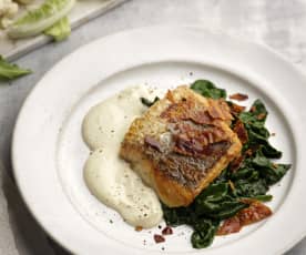 Crispy Hake with Sous-vide Cauliflower Purée and Pancetta Crisps