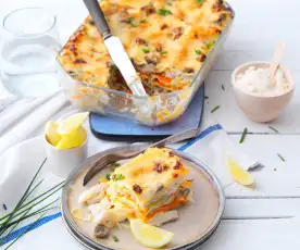 Lasagne au merlu, légumes et champignons