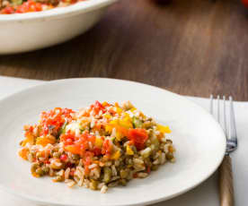 Arroz integral, lentejas y verduras al vapor