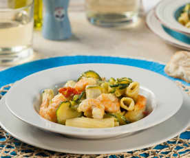 Tortiglioni piccanti risottati zucchine, gamberoni e curcuma