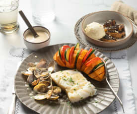 Menu: Bacalhau fresco com amêijoas e batata-doce assada e Pera com chocolate