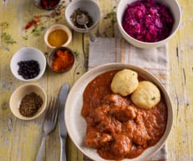 Beef Goulash with Bread Dumplings and Red Cabbage