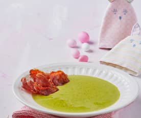 Crema di piselli con chips di prosciutto crudo