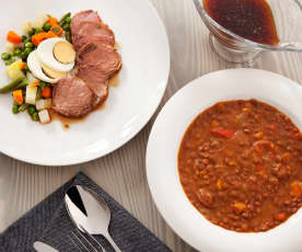 Menú completo: lenticchie, filetto di maiale e verdure
