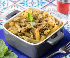 Pasta al forno con seitan e carciofi