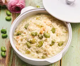 Risoto de favas e camarão