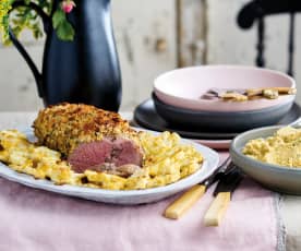 Borrego com couve-flor gratinada e puré de grão