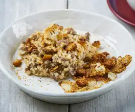 Risoto de borrego com couve-flor e pão picante