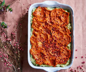 Bacalhau com puré de ervas e coulis de pimentos