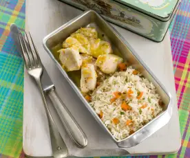 Peixe com citrinos e arroz de cenoura