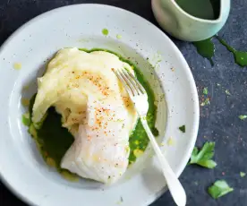 Purée de panais au mascarpone et cabillaud, jus vert