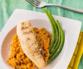 Risotto falso de cebada con pescado blanco