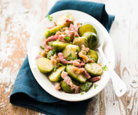 Choux de Bruxelles, lardons et noix