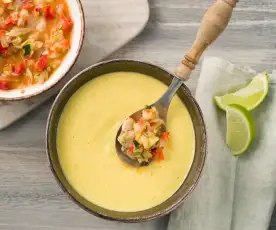 Gazpacho de maíz con guarnición de falso ceviche