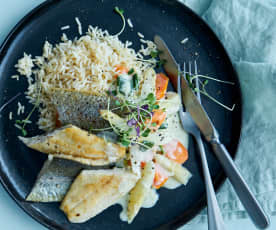 Filetti di trota con verdure alla panna e riso
