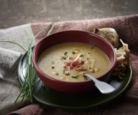 Leek and potato soup with crispy smoked ham