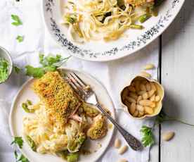 Almond crusted salmon with asparagus fettuccine